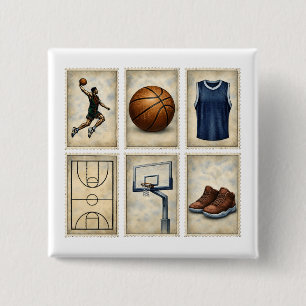 Vintage Basketball Stamps Sports Collection 15 Cm Square Badge