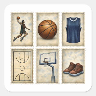 Vintage Basketball Stamps Sports Collection Square Sticker