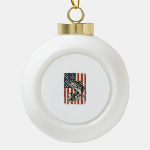 Vintage Bass Fishing American Flag Shirt Design_1 Ceramic Ball Christmas Ornament