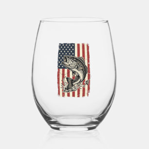 Vintage Bass Fishing American Flag Shirt Design_1 Stemless Wine Glass