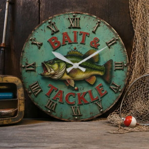 Vintage Bass Fishing Rustic Lake Cabin Angler Large Clock