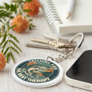 Vintage Bass Fishing Therapy Retro Badge Key Ring