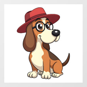 Vintage Basset Hound Cartoon in Red Hat Cute Dog I
