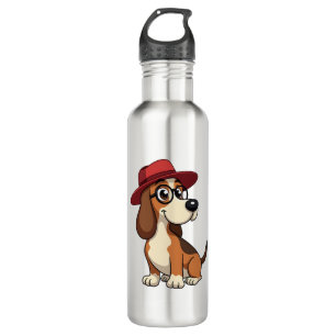 Vintage Basset Hound Cartoon in Red Hat Cute Dog I 710 Ml Water Bottle