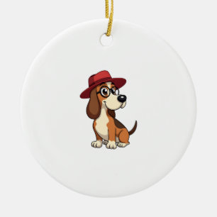 Vintage Basset Hound Cartoon in Red Hat Cute Dog I Ceramic Tree Decoration