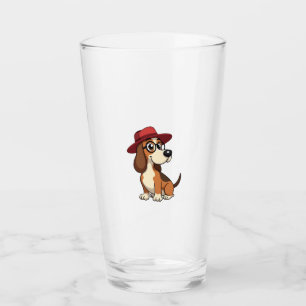 Vintage Basset Hound Cartoon in Red Hat Cute Dog I Glass