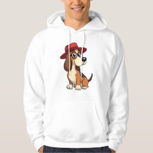 Vintage Basset Hound Cartoon in Red Hat Cute Dog I Hoodie