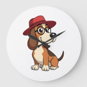 Vintage Basset Hound Cartoon in Red Hat Cute Dog I Large Clock