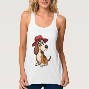 Vintage Basset Hound Cartoon in Red Hat Cute Dog I Singlet