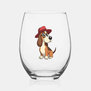 Vintage Basset Hound Cartoon in Red Hat Cute Dog I Stemless Wine Glass