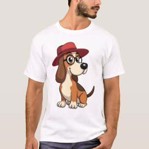Vintage Basset Hound Cartoon in Red Hat Cute Dog I T-Shirt