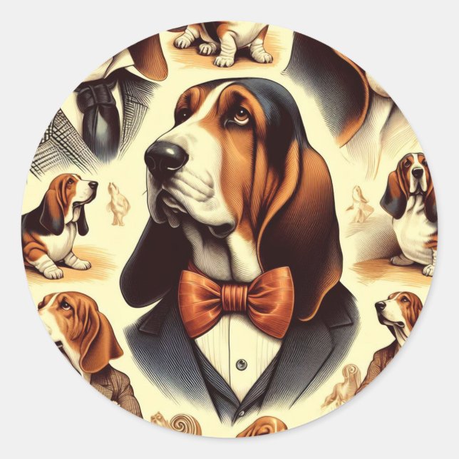 Vintage Basset Hound  Illustration Classic Round Sticker (Front)