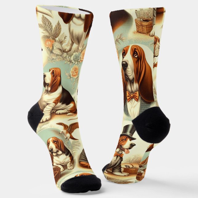 Vintage Basset Hound  Seamless Illustration Socks (Angled)