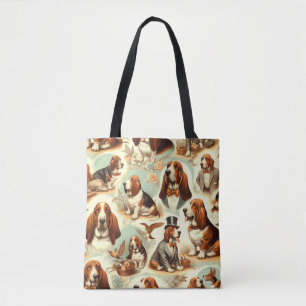 Vintage Basset Hound Seamless Illustration Tote Bag