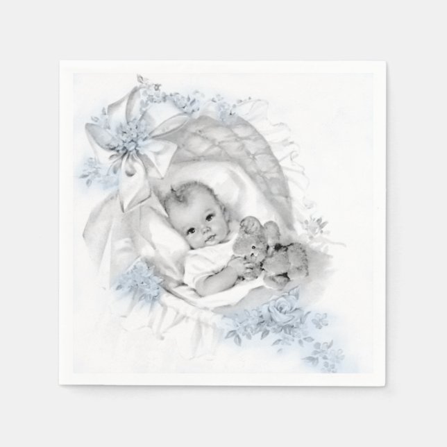 Vintage Bassinet Baby Boy Shower Napkin (Front)