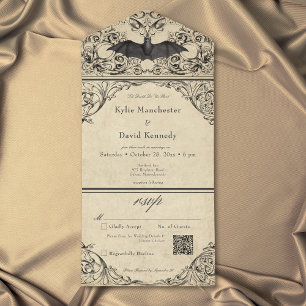 Vintage Bat Until Death Black Parchment QR All In One Invitation