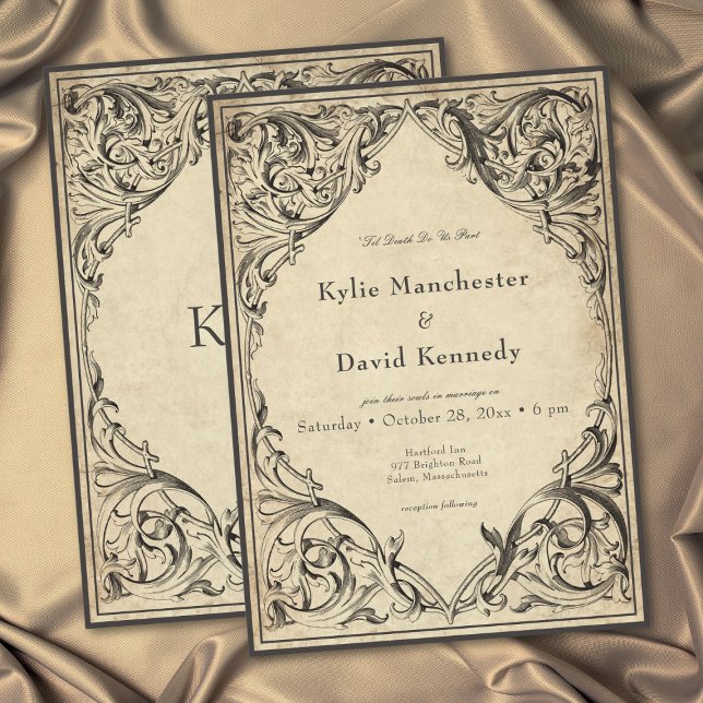 Vintage Bat Until Death Black Parchment Wedding Invitation (Vintage Bat Until Death Black Parchment Wedding Invitation)