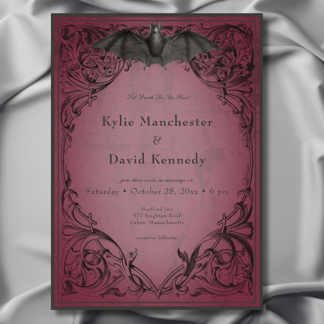 Vintage Bat Until Death Burgundy Wedding Invitation (Vintage Bat Until Death Burgundy Wedding Invitation)