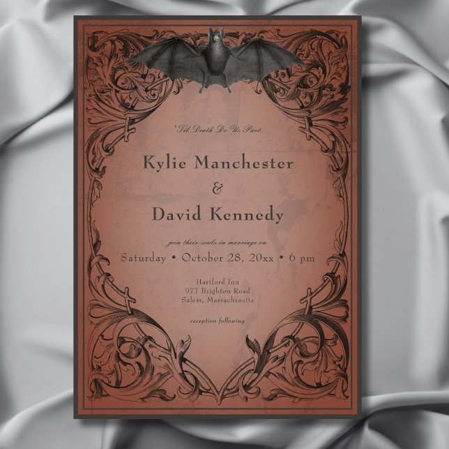 Vintage Bat Until Death Rust Wedding Invitation (Vintage Bat Until Death Rust Wedding Invitation)