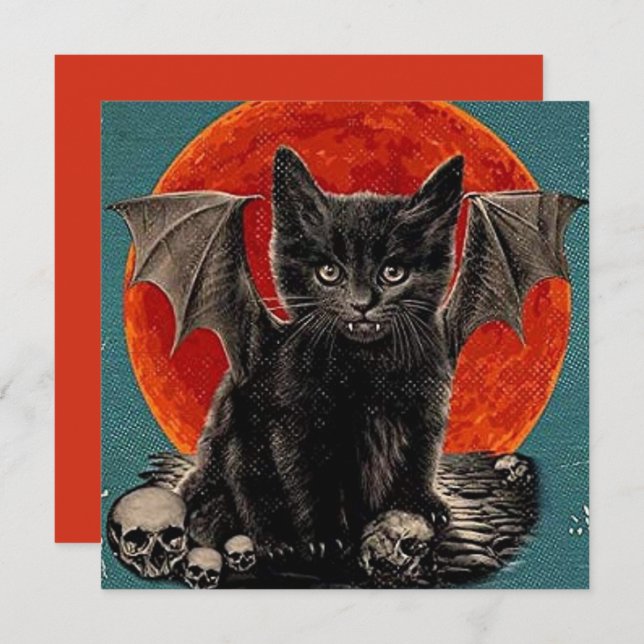 Vintage Batcat Spooky Happy Halloween Holiday Card (Front/Back)