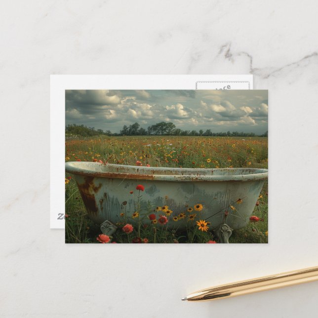 Vintage Bathtub in the Wildflower Meadow Postcard (Front/Back In Situ)