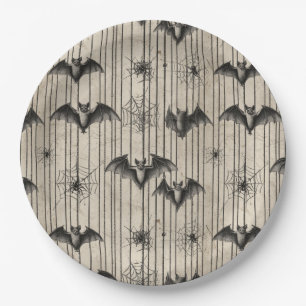 Vintage Bats and Spiderwebs on Distressed Striped Paper Plate