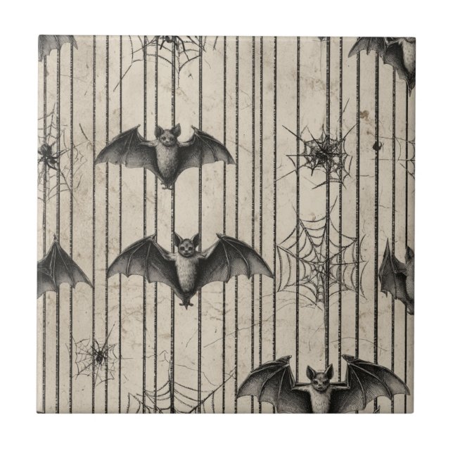 Vintage Bats and Spiderwebs on Distressed Striped Tile (Front)