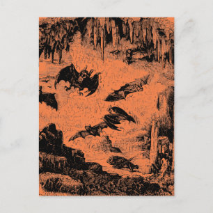 Vintage Bats in Cave 1800s Bat Halloween Orange Postcard