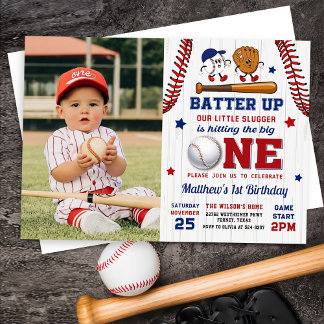 Vintage Batter Up Baseball 1st Birthday Photo Invitation