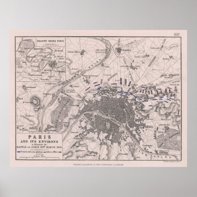 Vintage Battle of Paris Map (1814) Poster (Front)