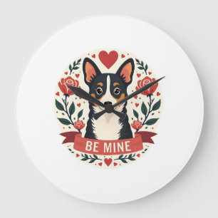 Vintage Be Mine Corgi Valentine Floral Folk Art De Large Clock
