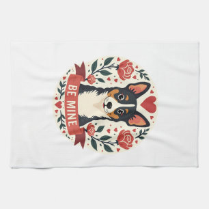 Vintage Be Mine Corgi Valentine Floral Folk Art De Tea Towel