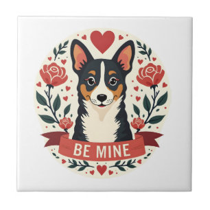 Vintage Be Mine Corgi Valentine Floral Folk Art De Tile