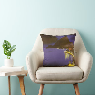 Vintage Beach at Night in Rio De Janeiro, Brazil Cushion