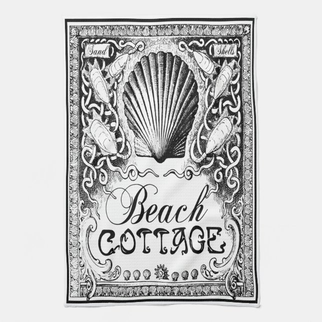 vintage beach cottage kitchen towel black,  white (Vertical)