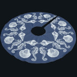 Vintage Beach Cottage Seashells White Blue Brushed Brushed Polyester Tree Skirt<br><div class="desc">Complete your seaside or beach holiday scene with your own custom tree skirt.  Ocean themed design features sea horses and shells in an attractive pattern. Dark blue background with vintage white shell and sea horse pattern.</div>