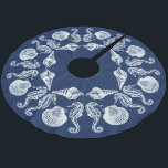 Vintage Beach Cottage Seashells White Blue Brushed Brushed Polyester Tree Skirt<br><div class="desc">Complete your seaside or beach holiday scene with your own custom tree skirt.  Ocean themed design features sea horses and shells in an attractive pattern. Dark blue background with vintage white shell and sea horse pattern.</div>
