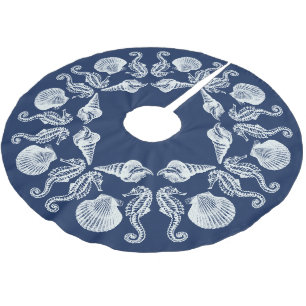 Vintage Beach Cottage Seashells White Blue Brushed Polyester Tree Skirt