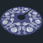 Vintage Beach Cottage Seashells White Blue Brushed Polyester Tree Skirt<br><div class="desc">Complete your seaside or beach holiday scene with your own custom tree skirt.  Ocean themed design features sea horses and shells in an attractive pattern. Dark blue half toned background with vintage white shell and sea horse pattern.</div>