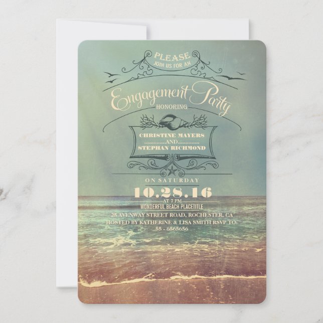 Vintage beach engagement party invitations (Front)