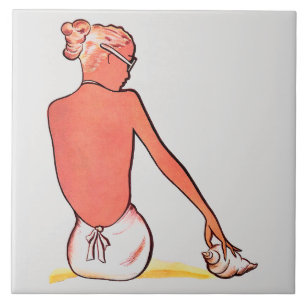 Vintage beach girl with seashell summer elegant  tile