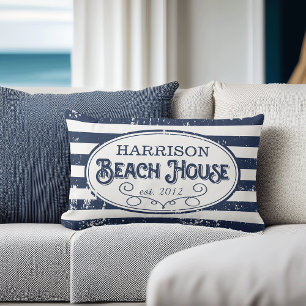 Vintage Beach House Personalised Navy and White Lumbar Cushion