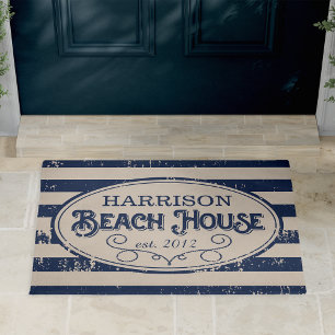 Vintage Beach House Personalised Navy Blue Doormat