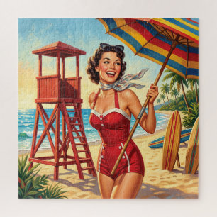 Vintage Beach Lifeguard Girl Pin Up Jigsaw Puzzle
