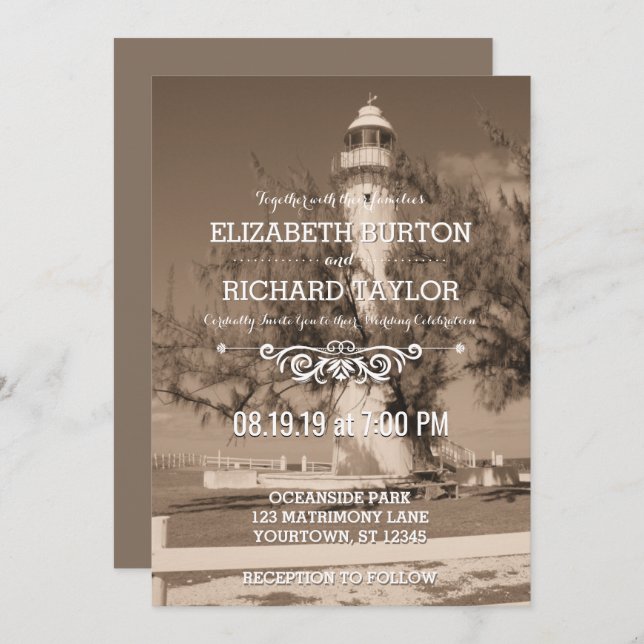 Vintage Beach Lighthouse Shore Wedding Invitation (Front/Back)