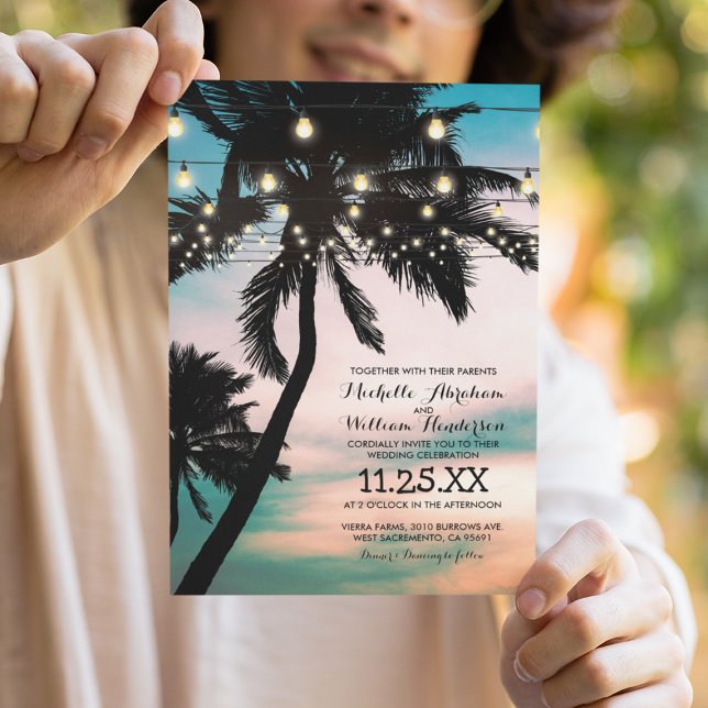 Vintage Beach Palm Tree Twinkle Lights Wedding Invitation (Creator Uploaded)