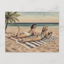Vintage Beach Pinup Art Print | Retro Bikini Girls
