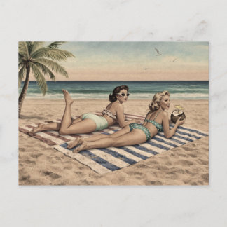 Vintage Beach Pinup Art Print | Retro Bikini Girls Postcard