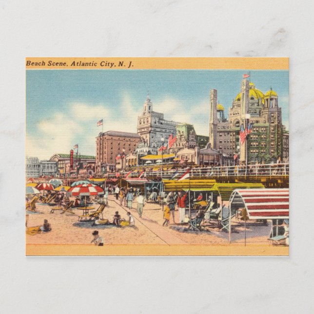 Vintage Beach Scene, Atlantic City, New Jersey Postcard (Front)