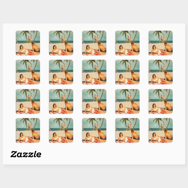 Vintage Beach Scene Square Sticker (Sheet)
